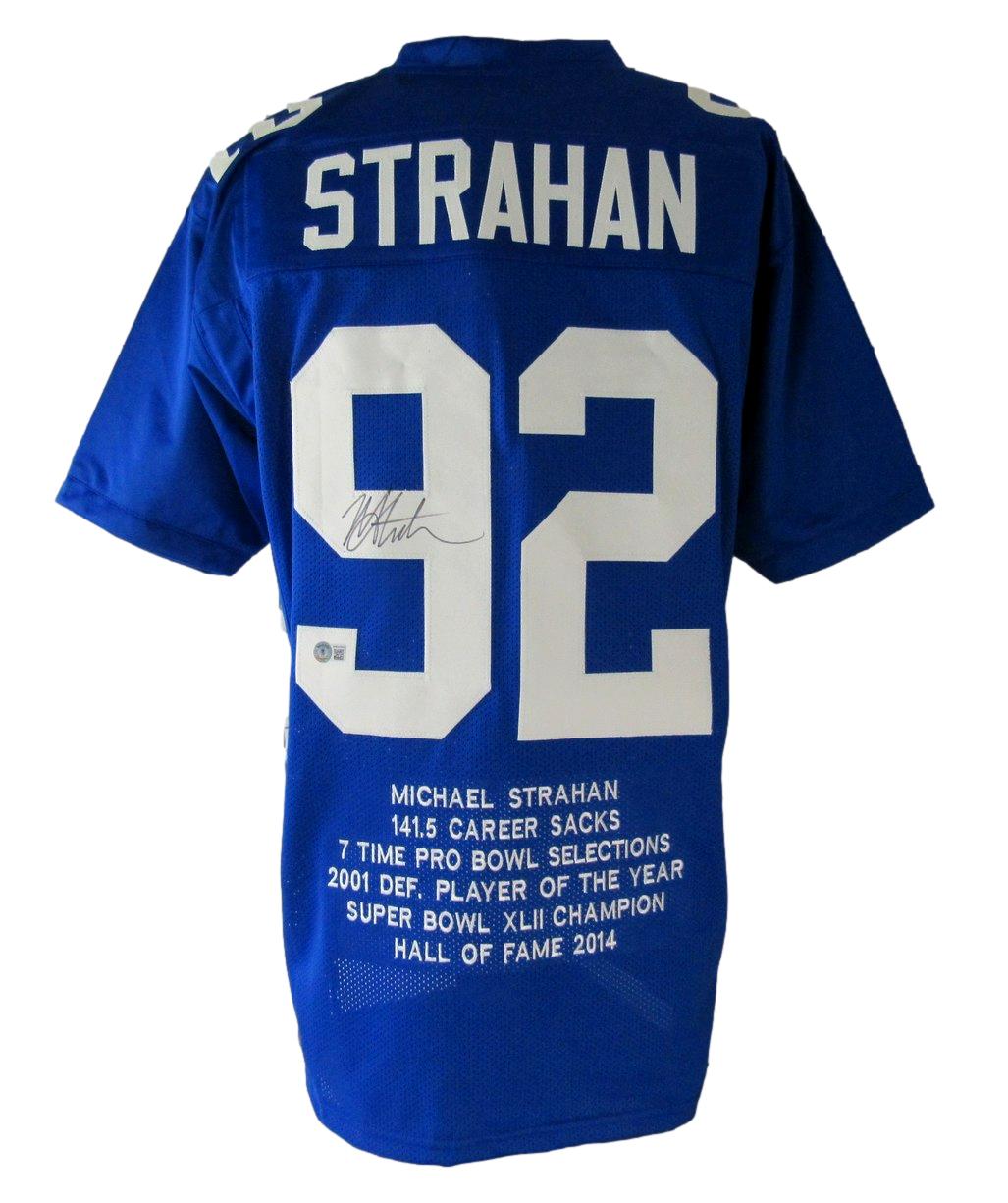 Michael Strahan HOF Signed Giants Custom Football Stats Jersey Beckett XHC72