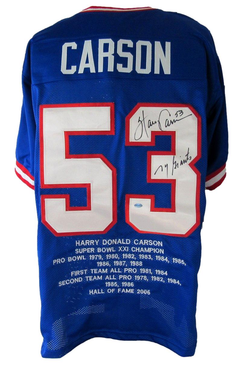 Harry Carson HOF Signed/Inscr Blue Giants Custom Football Stats Jersey LS XHC74