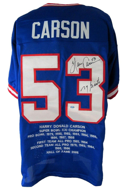 Harry Carson HOF Signed/Inscr Blue Giants Custom Football Stats Jersey LS XHC74