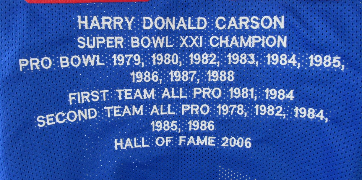 Harry Carson HOF Signed/Inscr Blue Giants Custom Football Stats Jersey LS XHC74