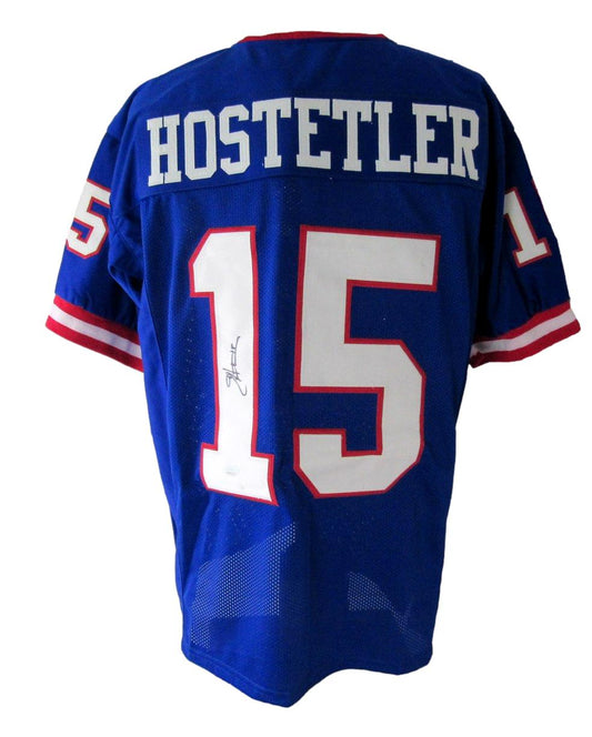 Jeff Hostetler Signed/Auto Blue Giants HOFSM.COM Football Jersey JSA  XHC75