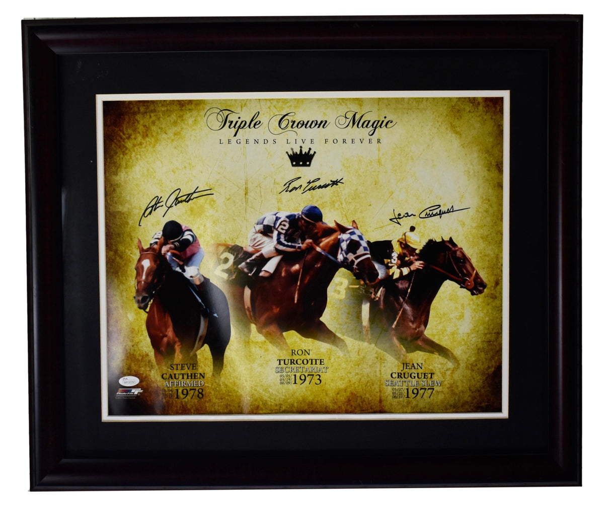 Cruguet/ Cauthen/ Turcotte Signed 16x20 Triple Crown Photo Framed JSA XHC91