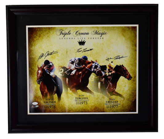 Cruguet/ Cauthen/ Turcotte Signed 16x20 Triple Crown Photo Framed JSA XHC91