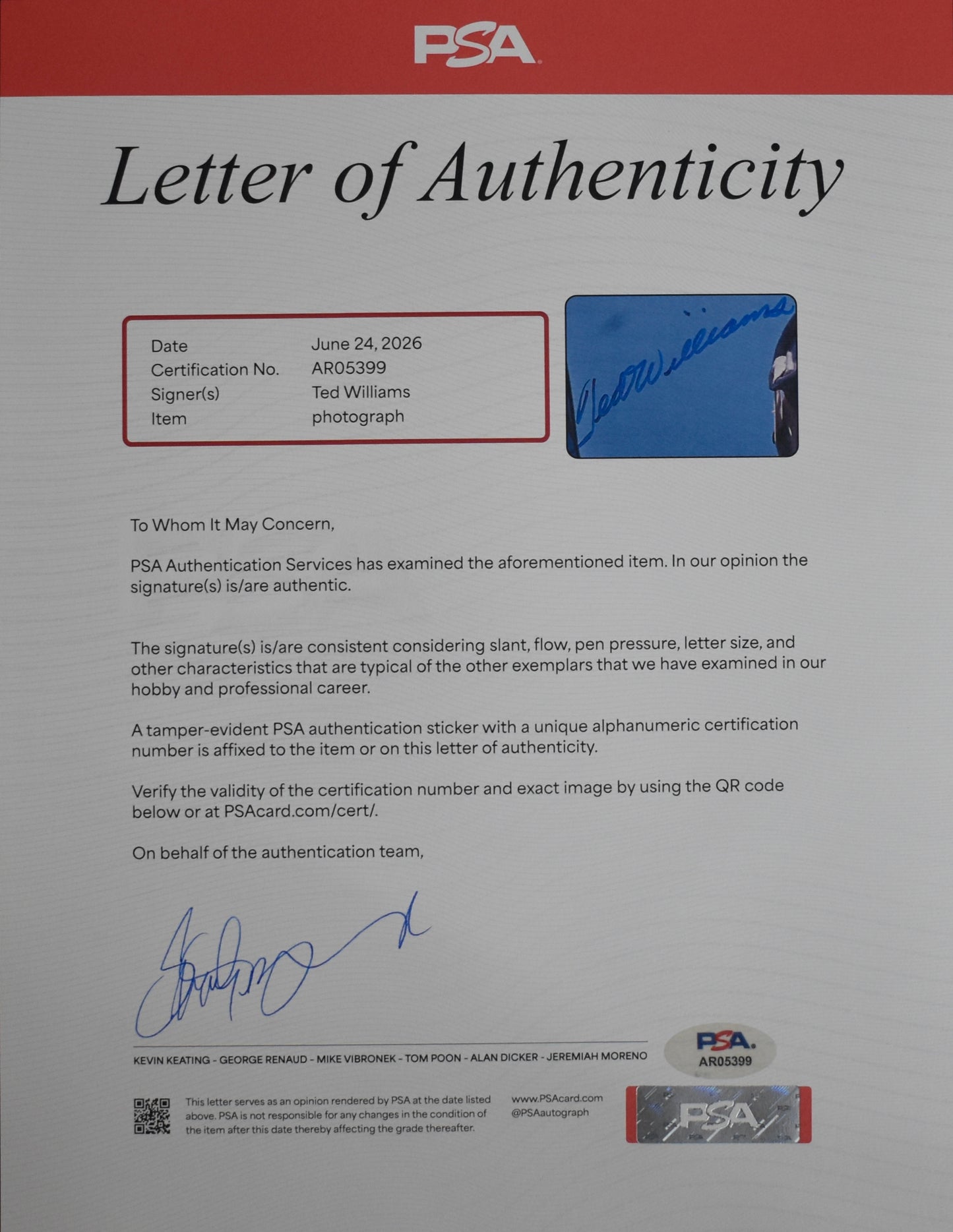 Ted Williams HOF Signed 16x20 Photo Red Sox PSA Letter Green Diamond Holo 212185