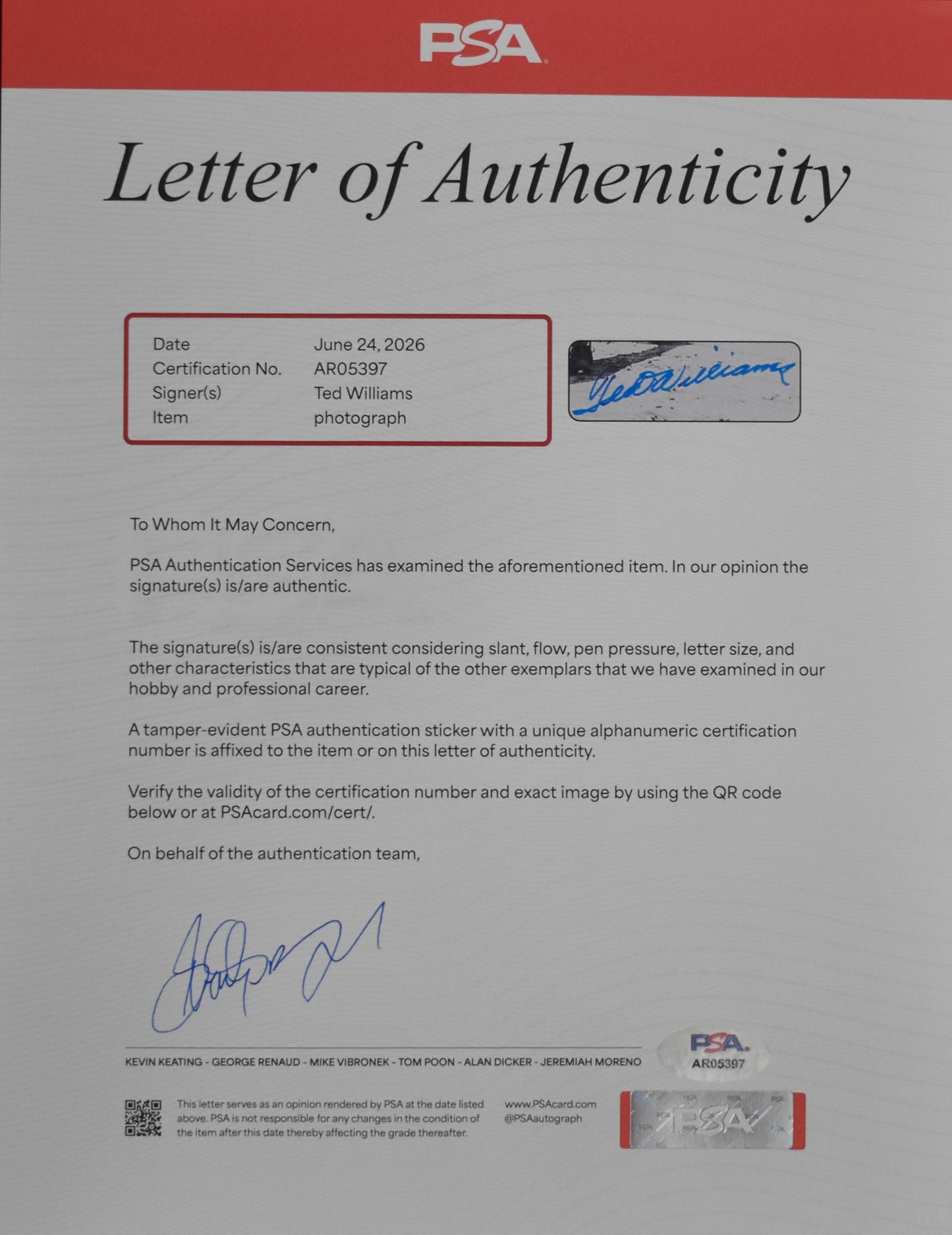 Ted Williams HOF Signed 16x20 Photo Red Sox PSA Letter Green Diamond Holo 212188