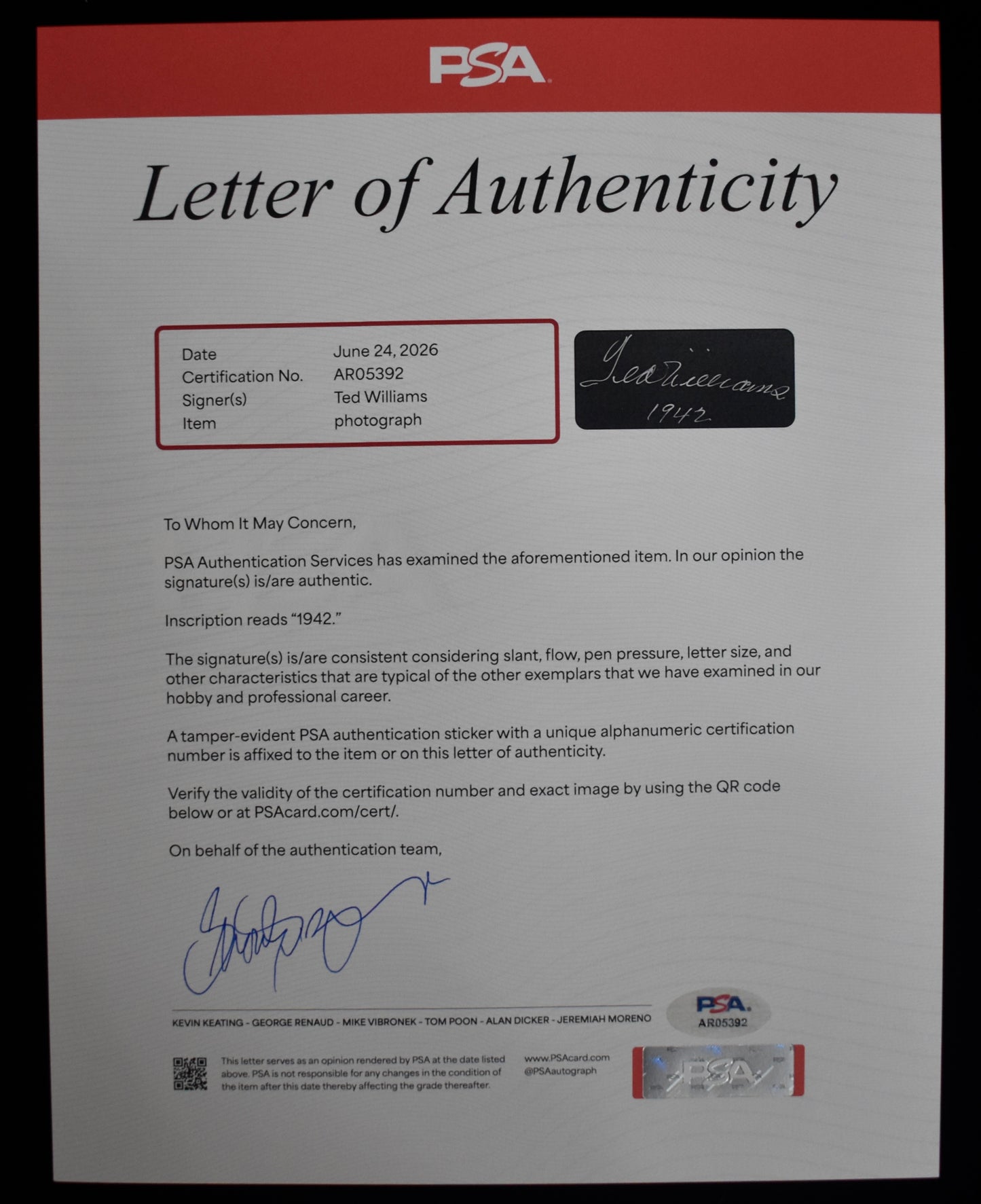 Ted Williams HOF Signed 16x20 Photo Red Sox PSA Letter Green Diamond Holo 212193