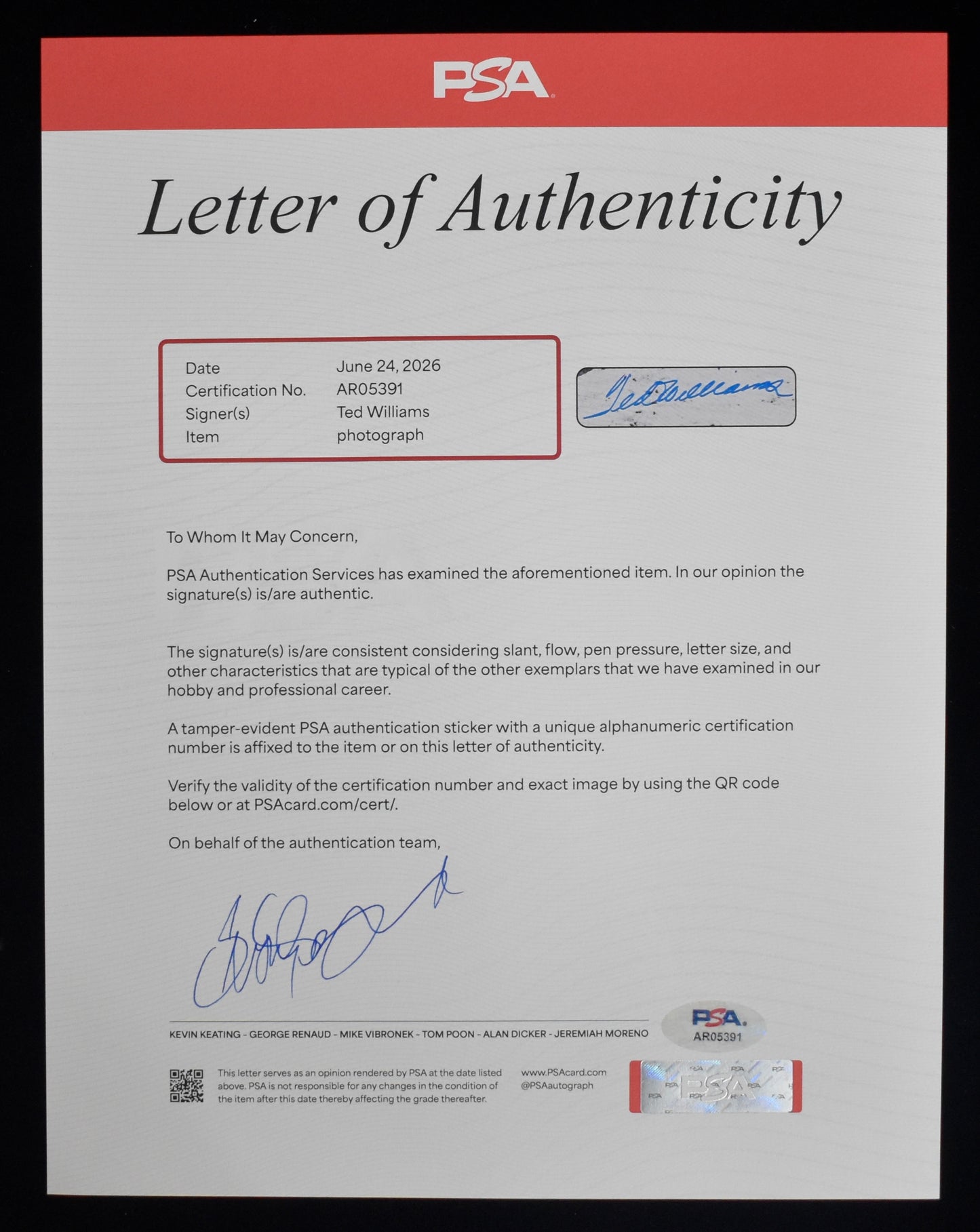 Ted Williams HOF Signed 16x20 Photo Red Sox PSA Letter Green Diamond Holo 212194