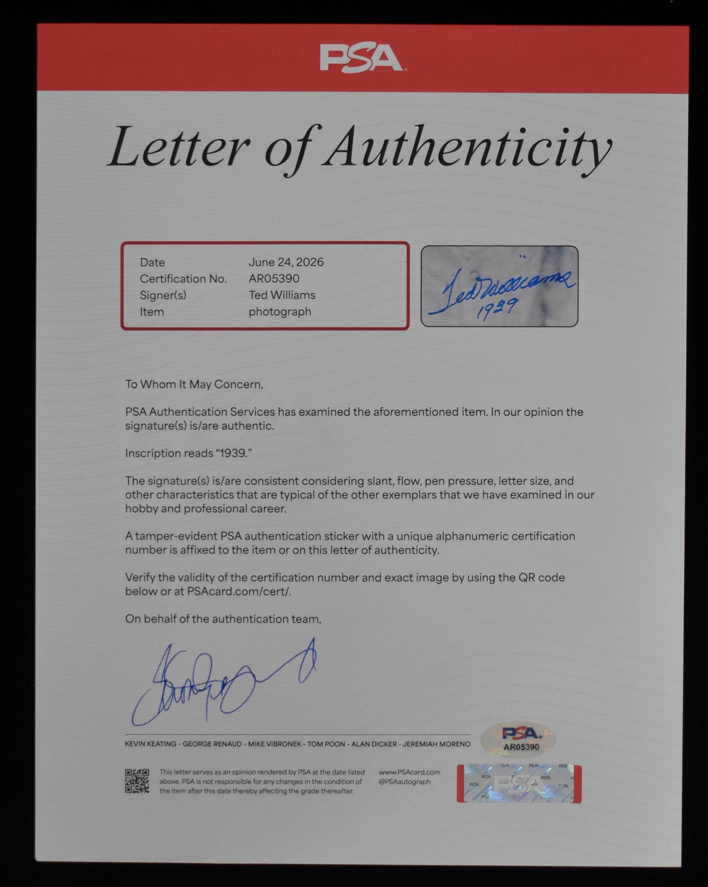 Ted Williams HOF Signed 16x20 Photo Red Sox PSA Letter Green Diamond Holo 212195