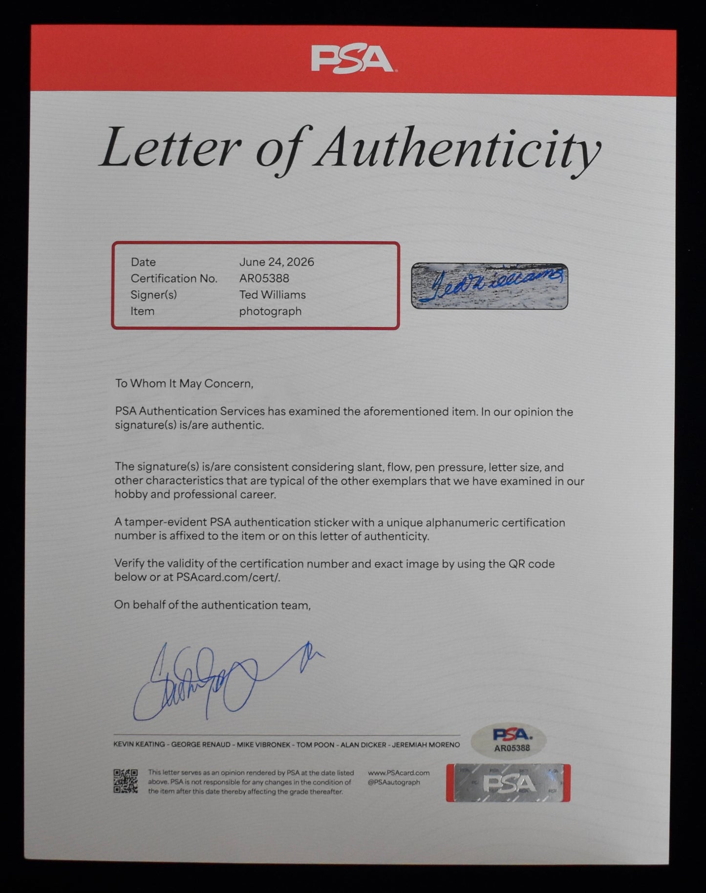 Ted Williams HOF Signed 16x20 Photo Red Sox PSA Letter Green Diamond Holo 212197