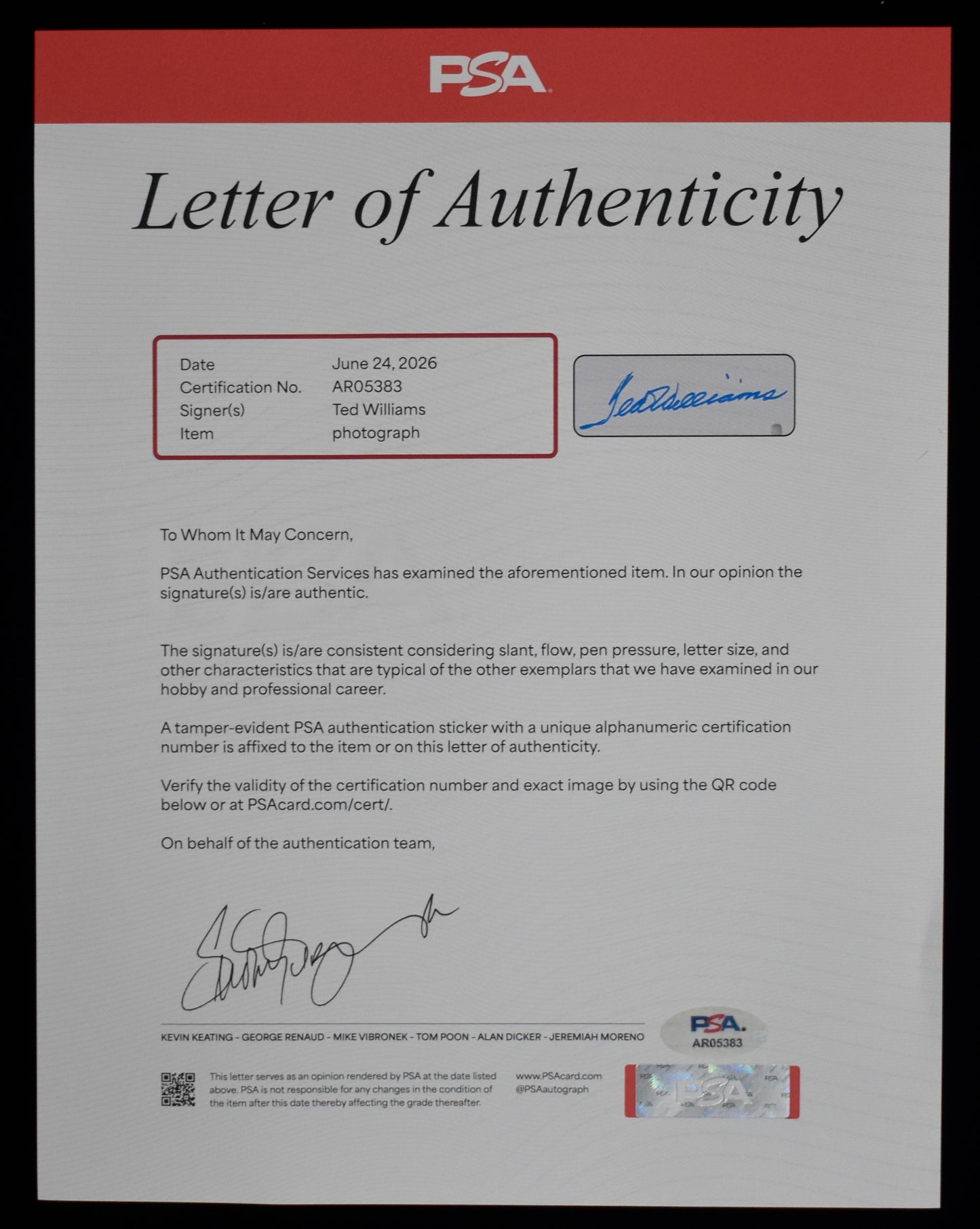 Ted Williams HOF Signed 16x20 Photo Red Sox PSA Letter Green Diamond Holo 212202