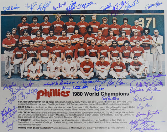 1980 Phillies Signed by (33) 16x20 Photo WS Champs Rose Schmidt HOF PSA 212180