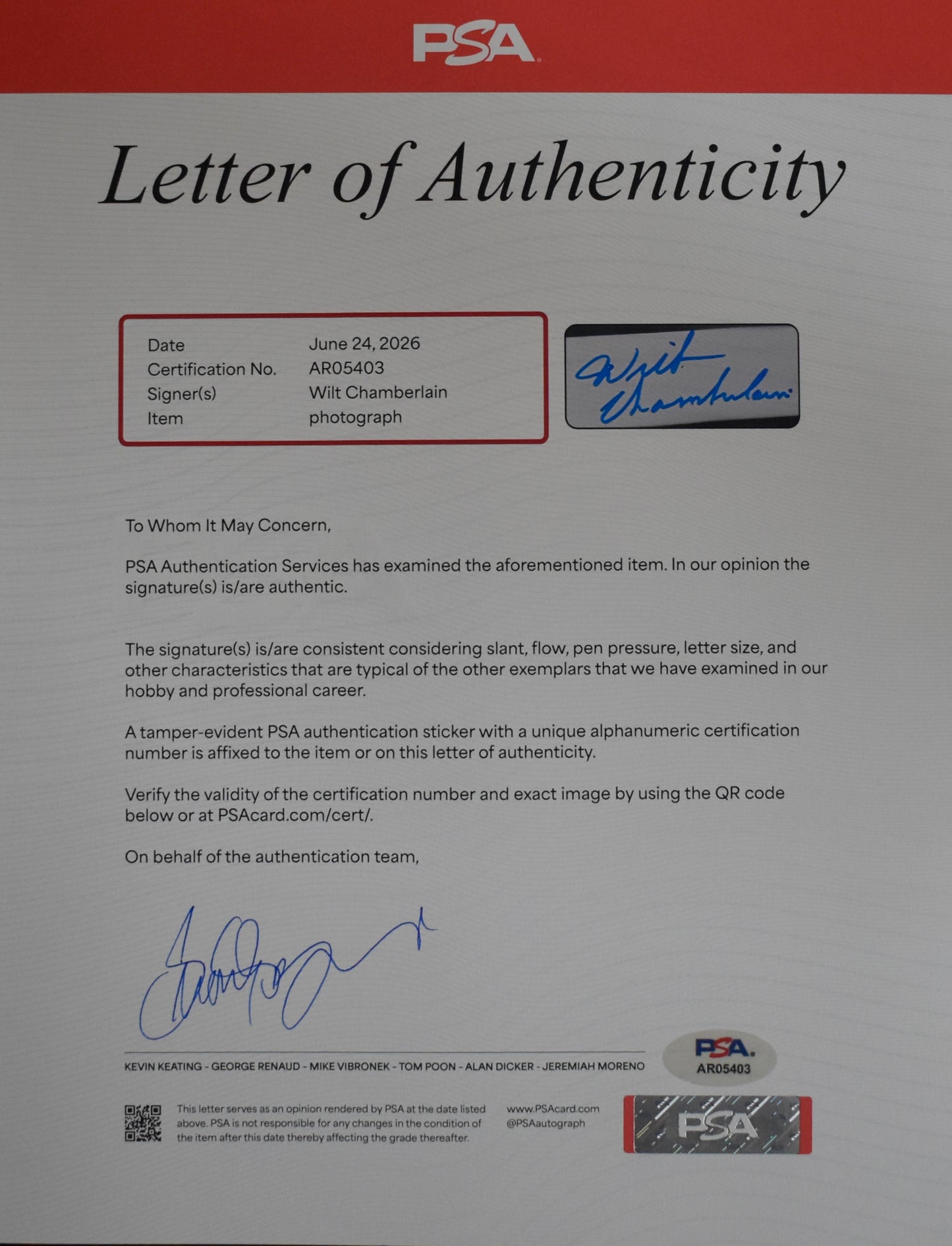 Wilt Chamberlain HOF Signed/Autographed 16x20 Photo Sixers PSA Letter 212182