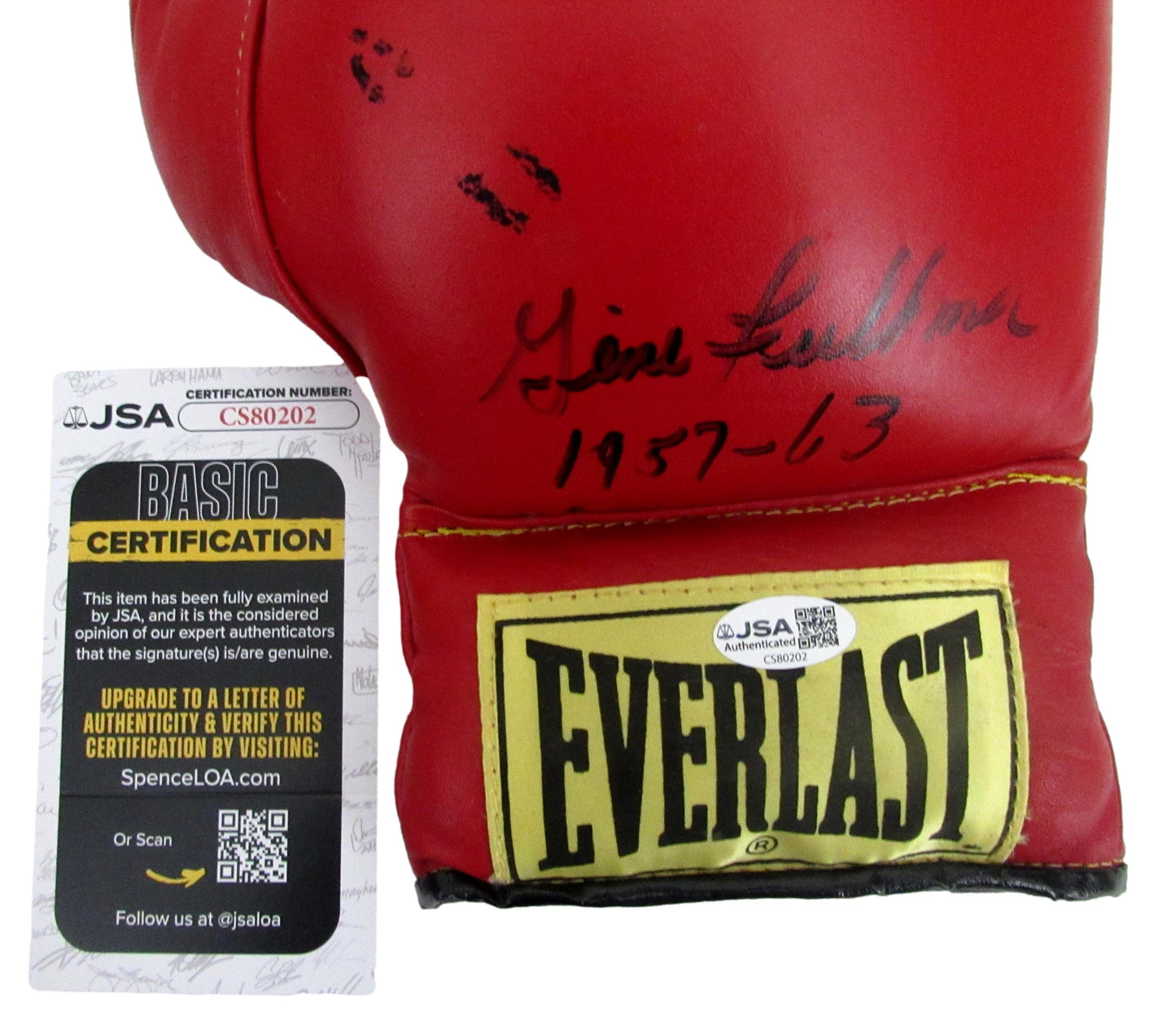 Gene Fullmer Signed/Inscr "1957-63" Right Red Everlast Boxing Glove JSA 213333