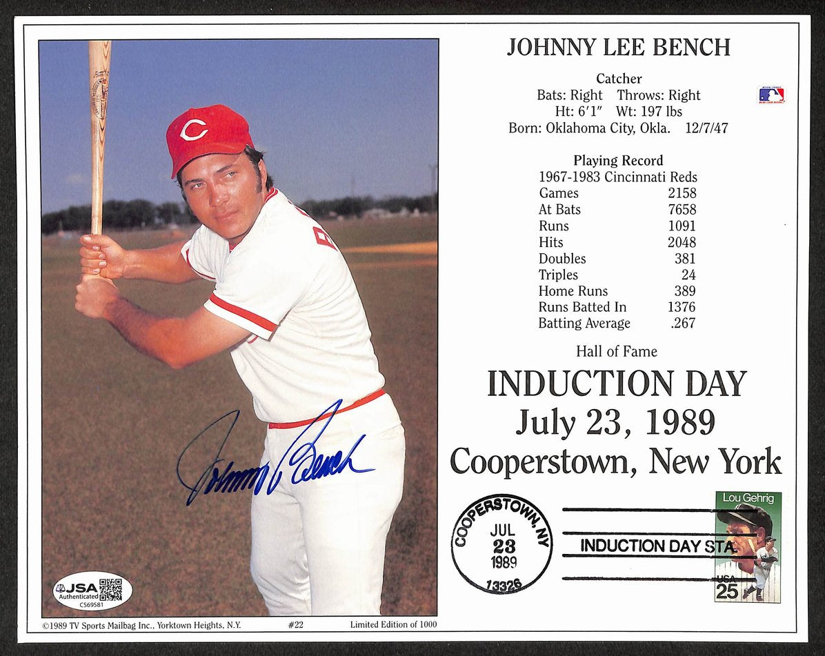 Johnny Bench HOF Signed/Autographed 8x10 Photo Reds JSA 212241