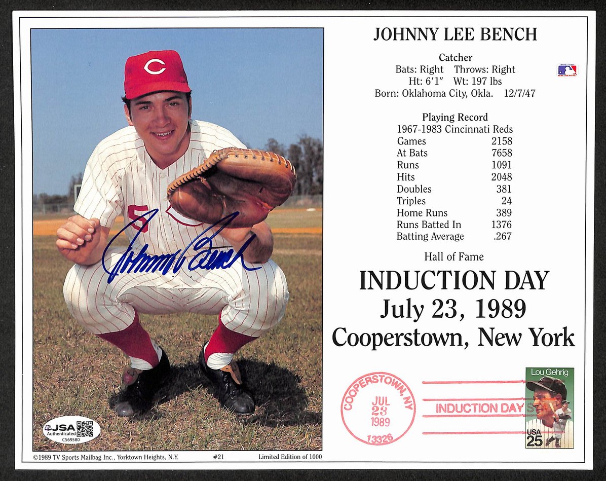 Johnny Bench HOF Signed/Autographed 8x10 Photo Reds JSA 212242