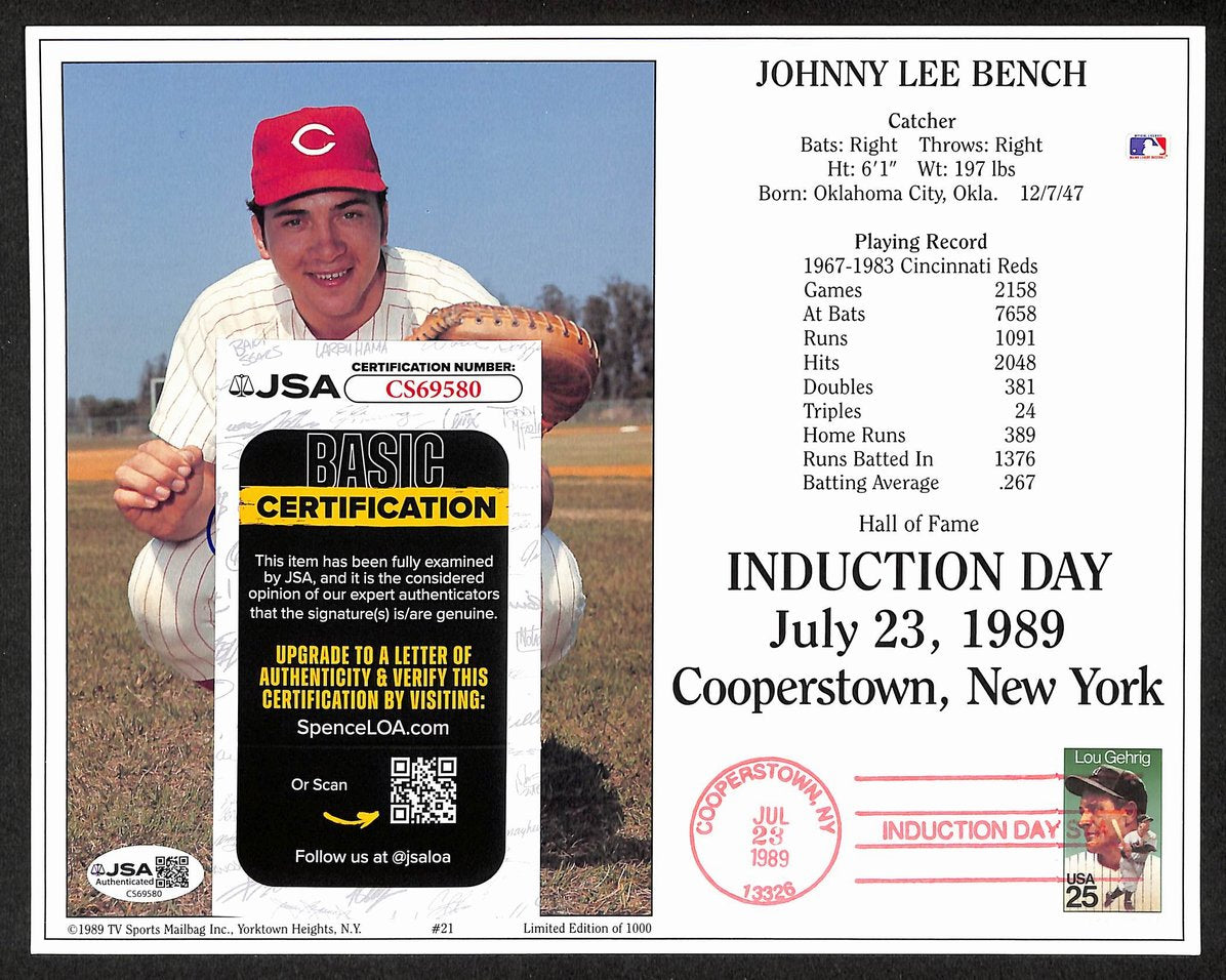 Johnny Bench HOF Signed/Autographed 8x10 Photo Reds JSA 212242