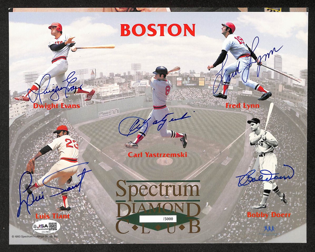 Evans Tiant Yastrzemski Lynn Doerr HOF Signed 8x10 Photo Red Sox JSA 212841