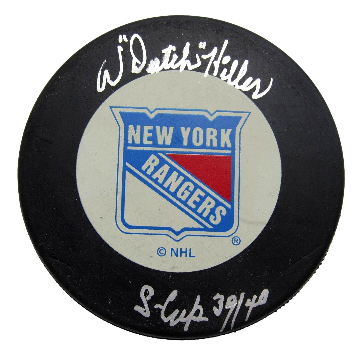 Dutch Hiller Signed/Inscribed New York Rangers Logo Hockey Puck JSA 212686