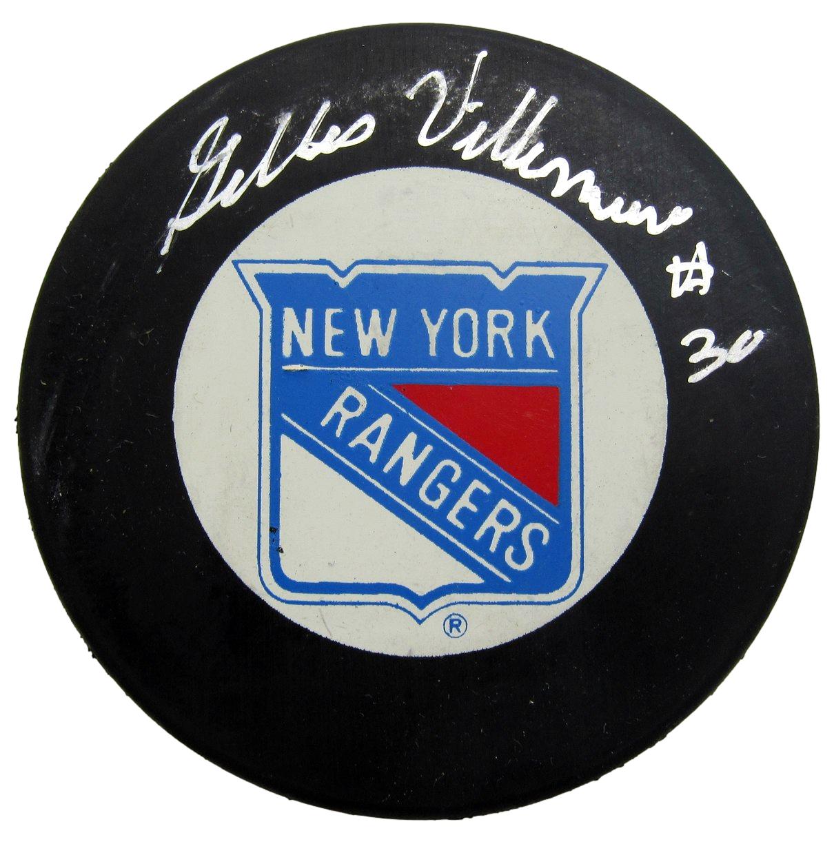 Gilles Villemure Signed/Auto New York Rangers Logo Hockey Puck JSA 212689