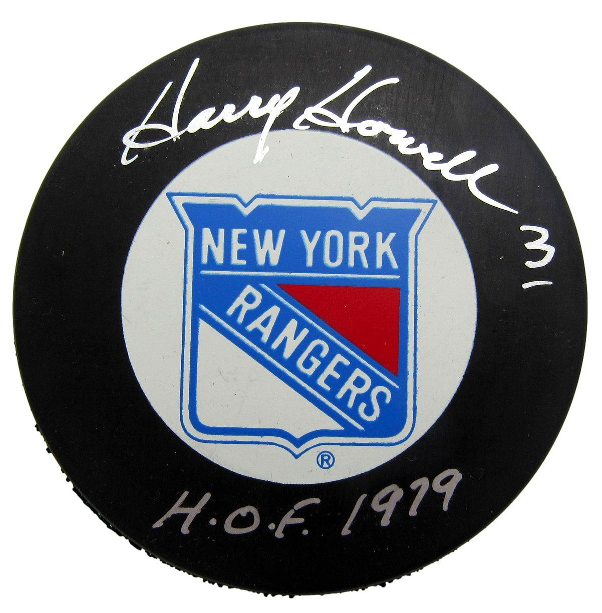 Harry Howell HOF Signed/Inscribed New York Rangers Logo Hockey Puck JSA 212691