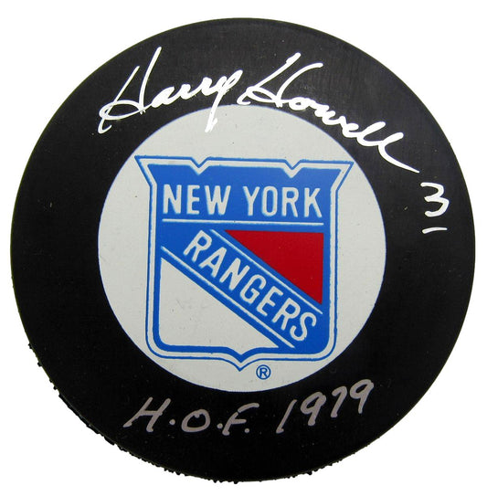 Harry Howell HOF Signed/Inscribed New York Rangers Logo Hockey Puck JSA 212691