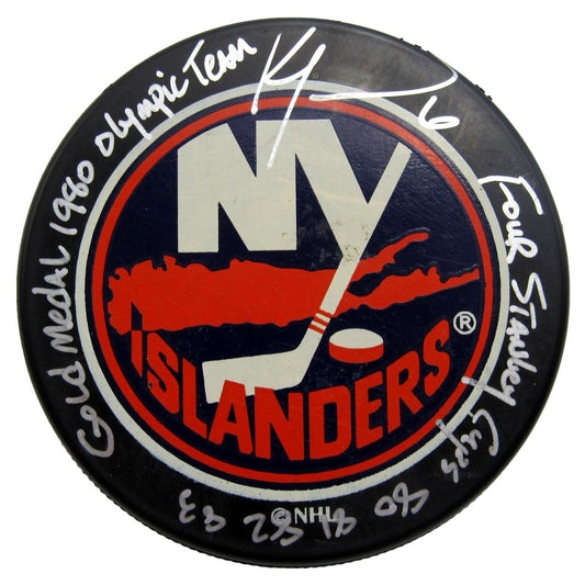 Ken Morrow Signed/Inscribed New York Rangers Logo Hockey Puck JSA 212692