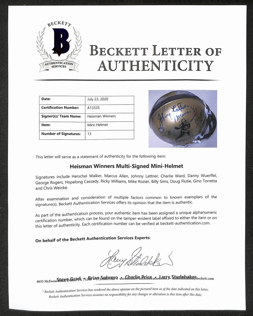 Heisman Winners Mini Football Helmet Signed by (13) Beckett LOA 211948
