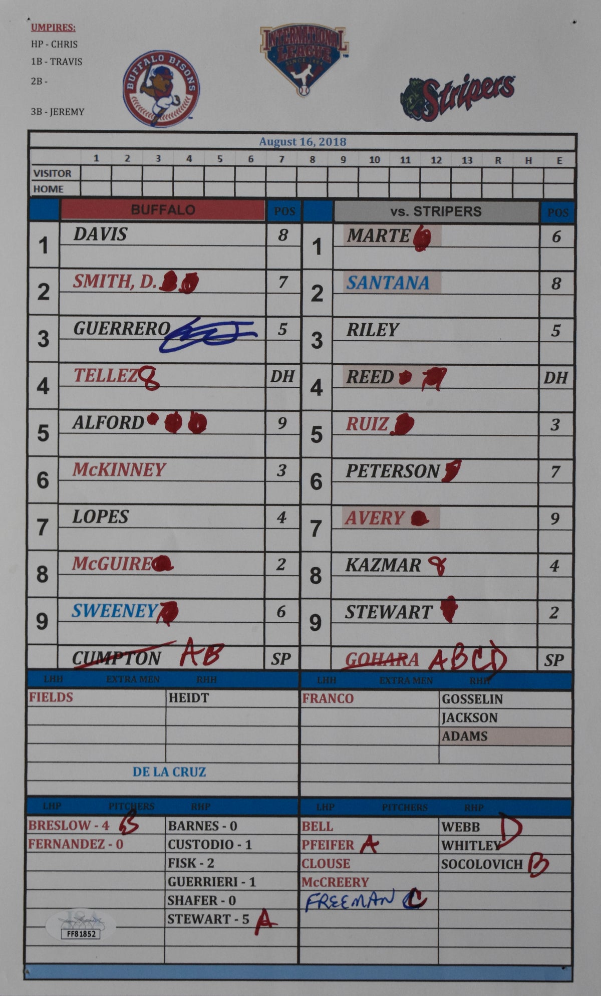 Vladimir Guerrero Jr. Signed 8x5x14 Lineup Card Buffalo Bisons JSA 213615