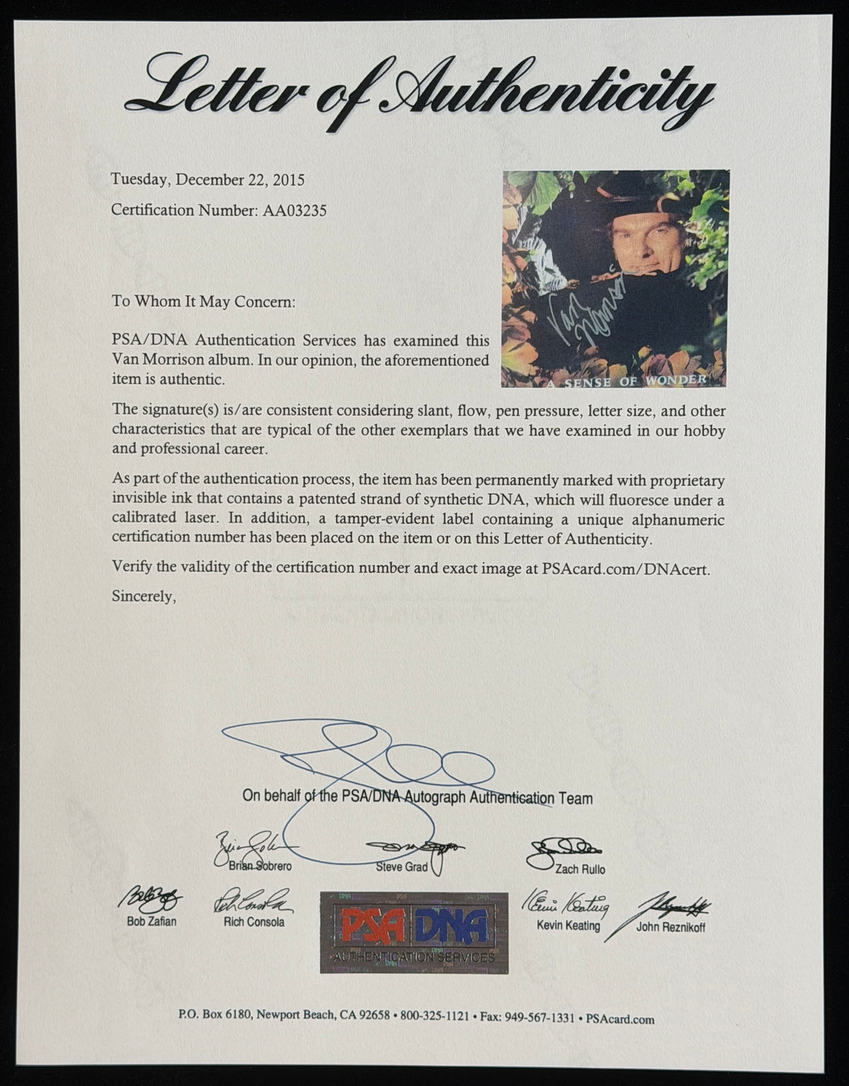 Van Morrison Signed/Autographed A Sense of Wonder Album LP Vinyl PSA/DNA 211371