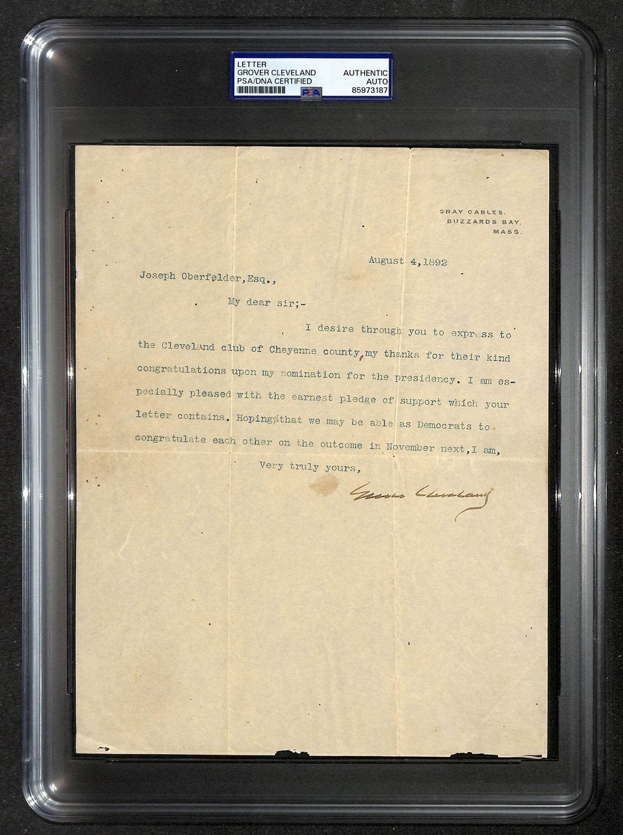 Grover Cleveland Signed 7.75" x 10" TLS Letter Gray Gables Letterhead PSA/DNA 67