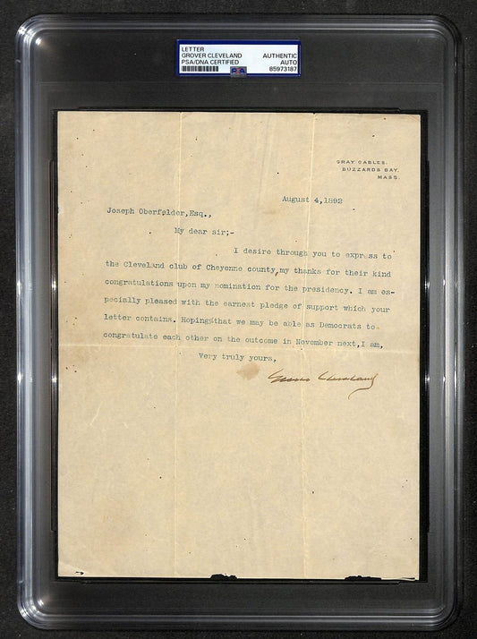 Grover Cleveland Signed 7.75" x 10" TLS Letter Gray Gables Letterhead PSA/DNA 67