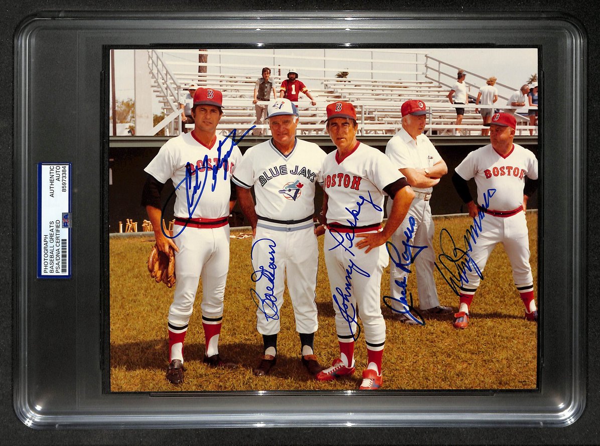 Yastrzemski Doerr Pesky Zimmer & Rogers HOF Signed 8x10 Photo Red Sox PSA/DNA 69