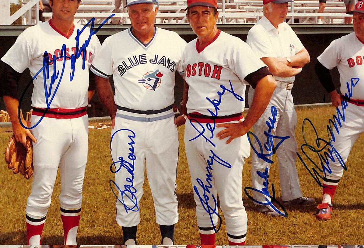 Yastrzemski Doerr Pesky Zimmer & Rogers HOF Signed 8x10 Photo Red Sox PSA/DNA 69