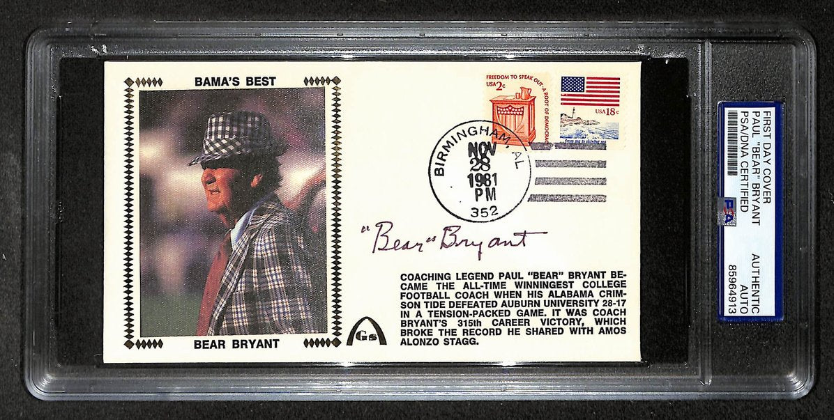 Paul "Bear" Bryant HOF Signed/Autographed FDC Envelope Alabama 1981 PSA 213997