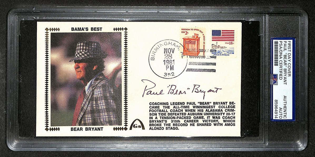 Paul "Bear" Bryant HOF Signed/Autographed FDC Envelope Alabama 1981 PSA 213998