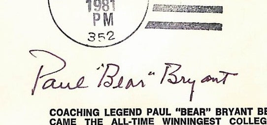 Paul "Bear" Bryant HOF Signed/Autographed FDC Envelope Alabama 1981 PSA 213998