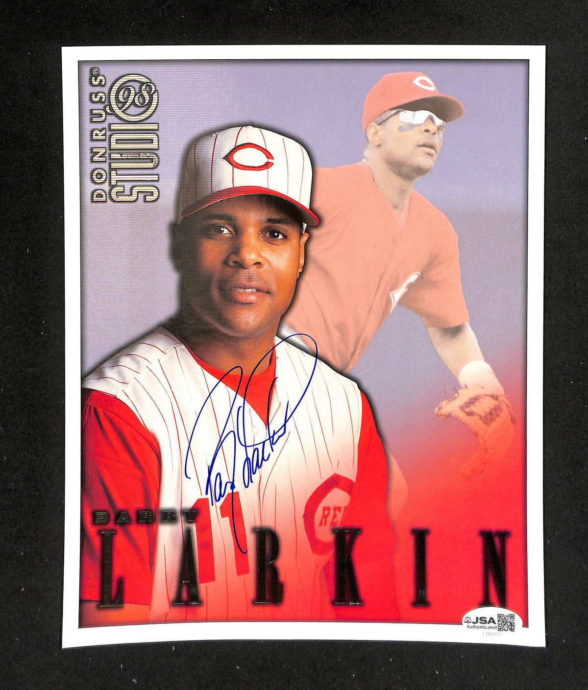 Barry Larkin HOF Signed Donruss Studio 98 Photo Card Reds JSA 214153