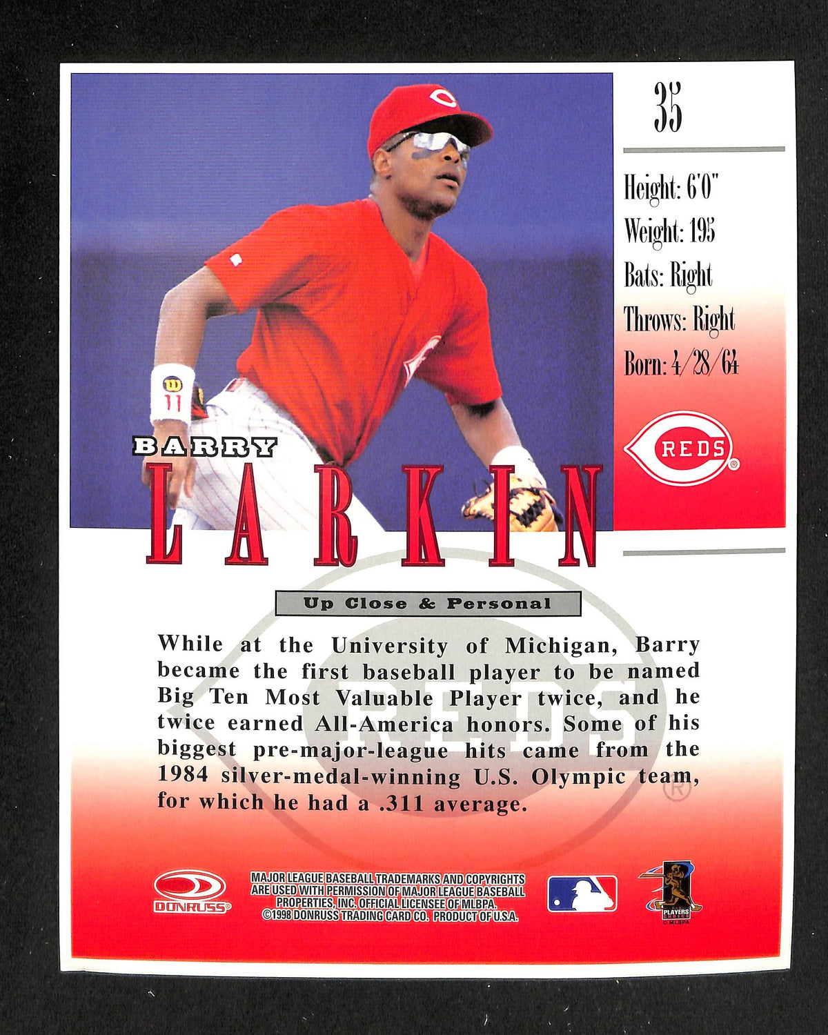 Barry Larkin HOF Signed Donruss Studio 98 Photo Card Reds JSA 214153