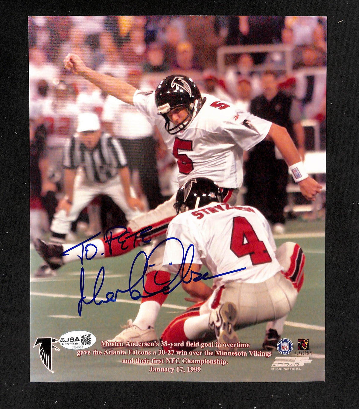 Morten Andersen HOF Signed/Autographed 8x10 Photo Falcons JSA 214223
