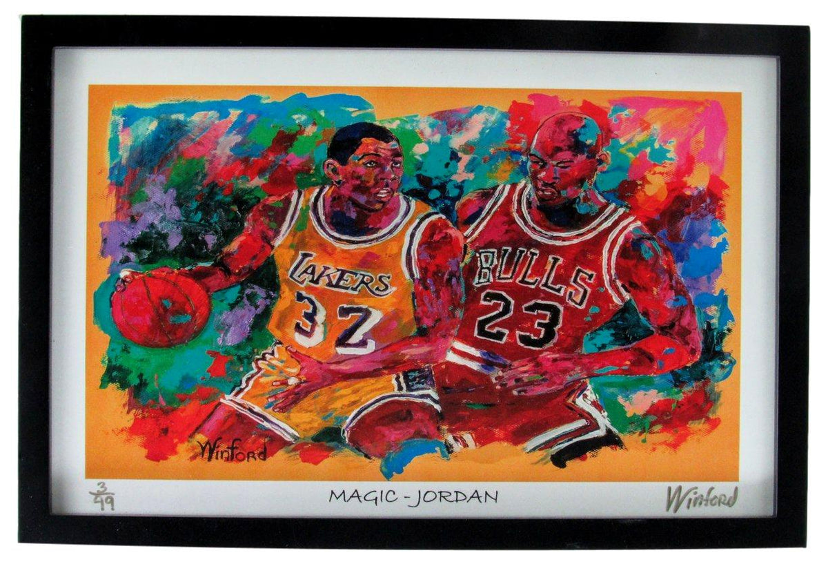 Michael Jordan v Magic Johnson 11x17 Winford Art Print #3/99 Framed XHC215