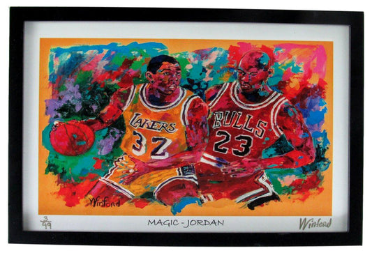Michael Jordan v Magic Johnson 11x17 Winford Art Print #3/99 Framed XHC215