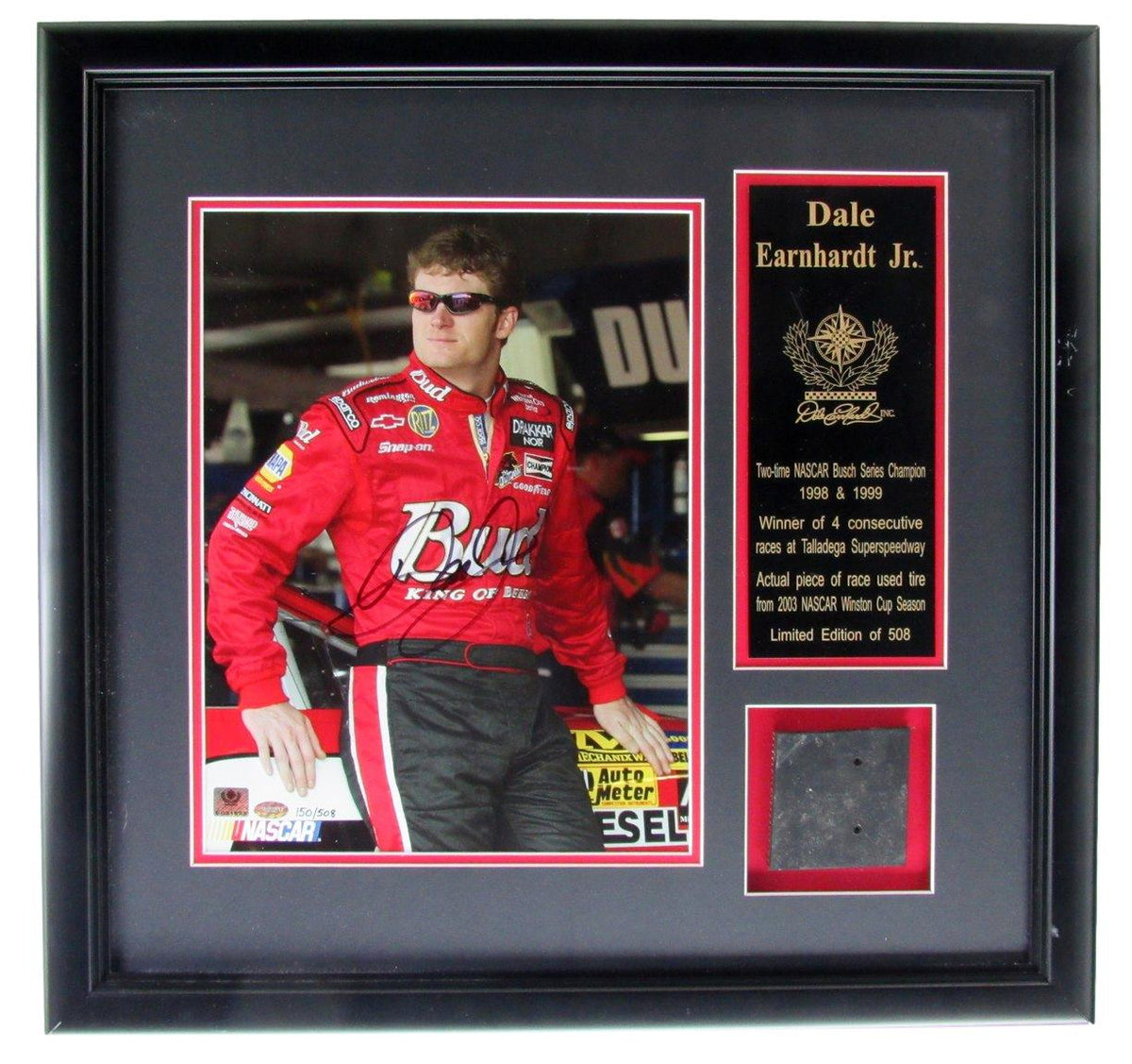 Dale Earnhardt Jr Autographed 11x14 Photo Framed w/Race‑Used Tire 150/508 XHC223