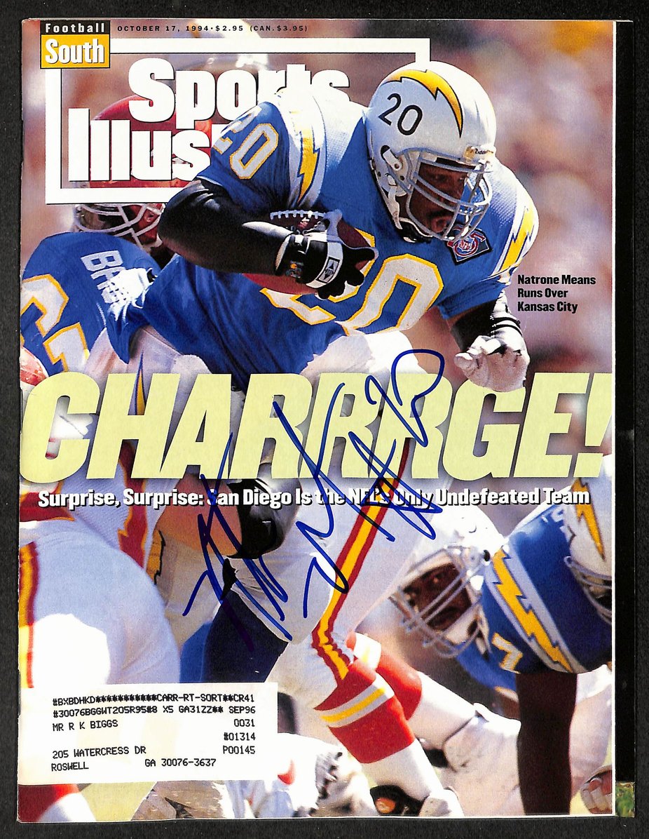 Natrone Means Signed/Autographed 1994 Sports Illustrated Chargers JSA 214562