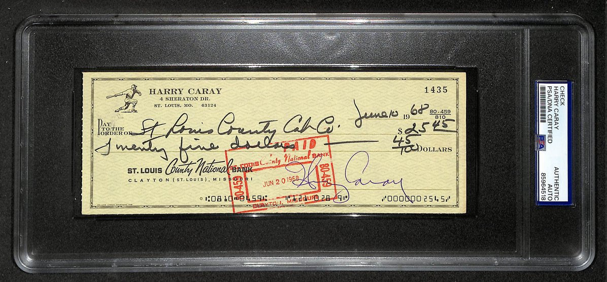Harry Caray HOF Signed/Autographed 1968 Bank Check Cubs PSA 214690