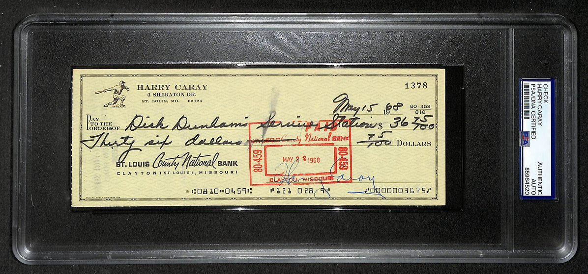 Harry Caray HOF Signed/Autographed 1968 Bank Check Cubs PSA 214691