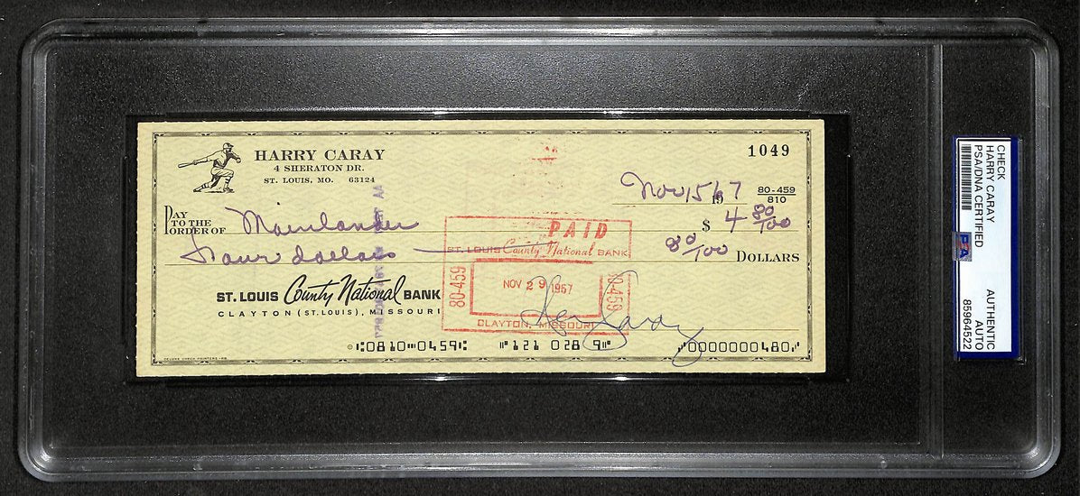 Harry Caray HOF Signed/Autographed 1967 Bank Check Cubs PSA 214692