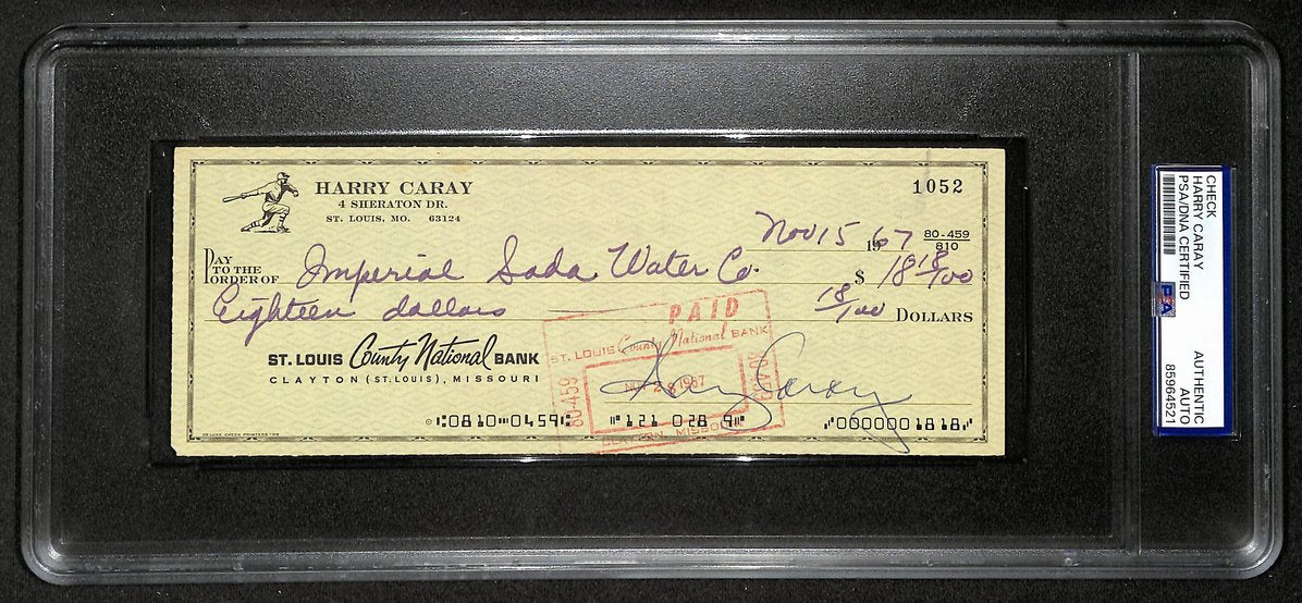Harry Caray HOF Signed/Autographed 1967 Bank Check Cubs PSA 214693