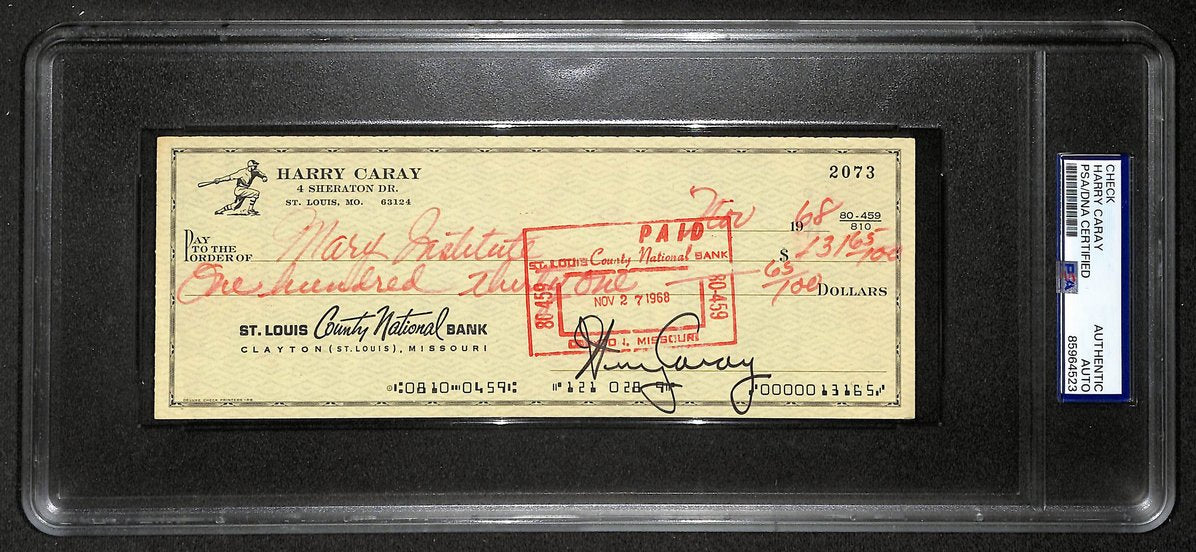 Harry Caray HOF Signed/Autographed 1968 Bank Check Cubs PSA 214681