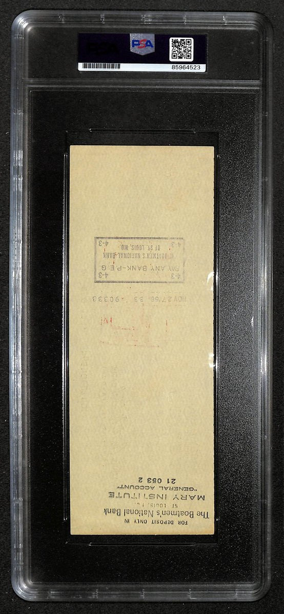 Harry Caray HOF Signed/Autographed 1968 Bank Check Cubs PSA 214681