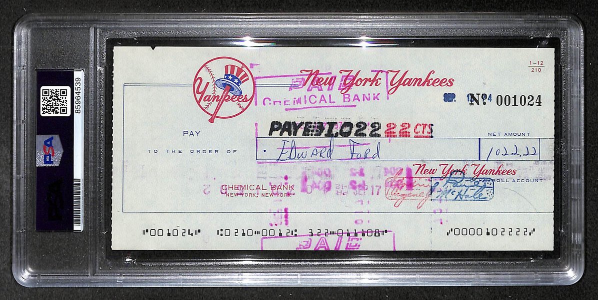 Whitey Ford HOF Signed/Autographed Yankees Payroll Check PSA 214694